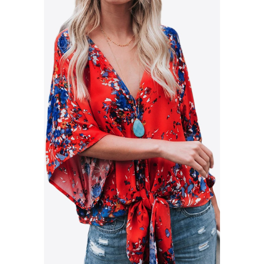 Printed Deep V Tie Hem Blouse Deep Red / S