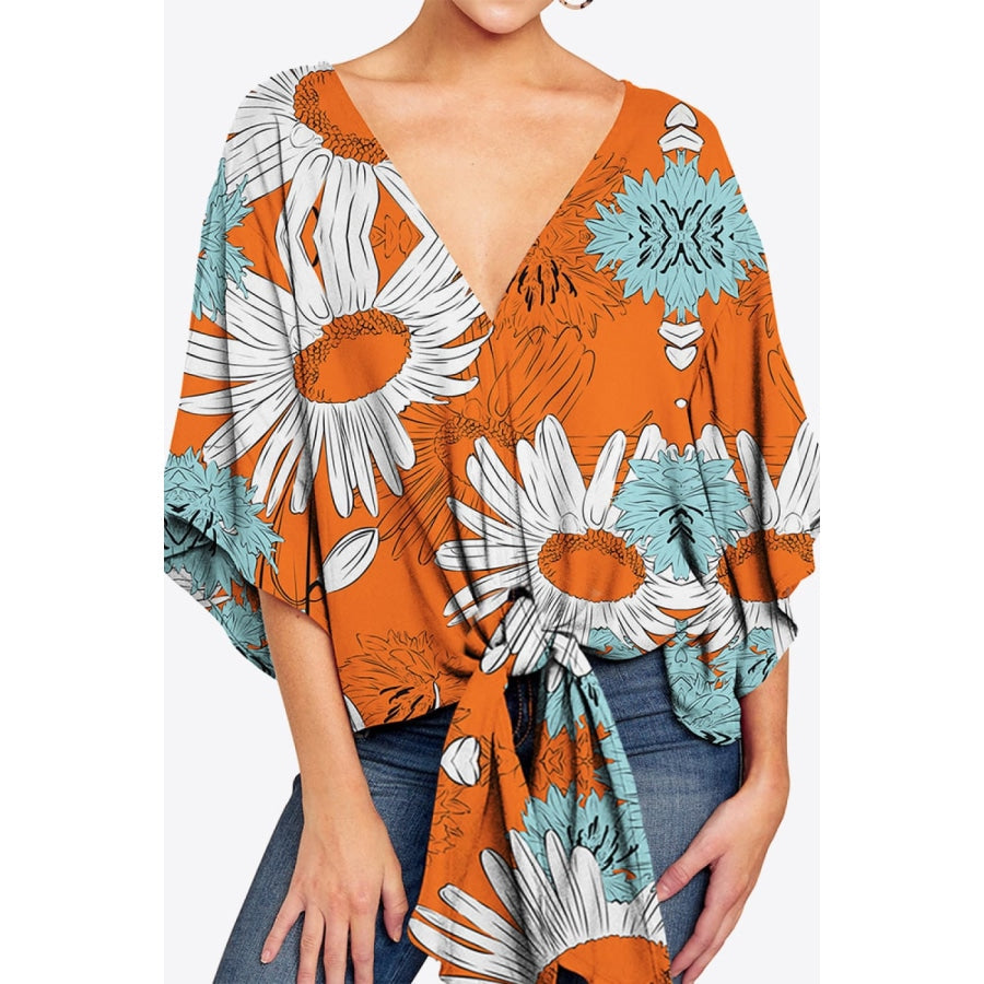 Printed Deep V Tie Hem Blouse Tangerine / S