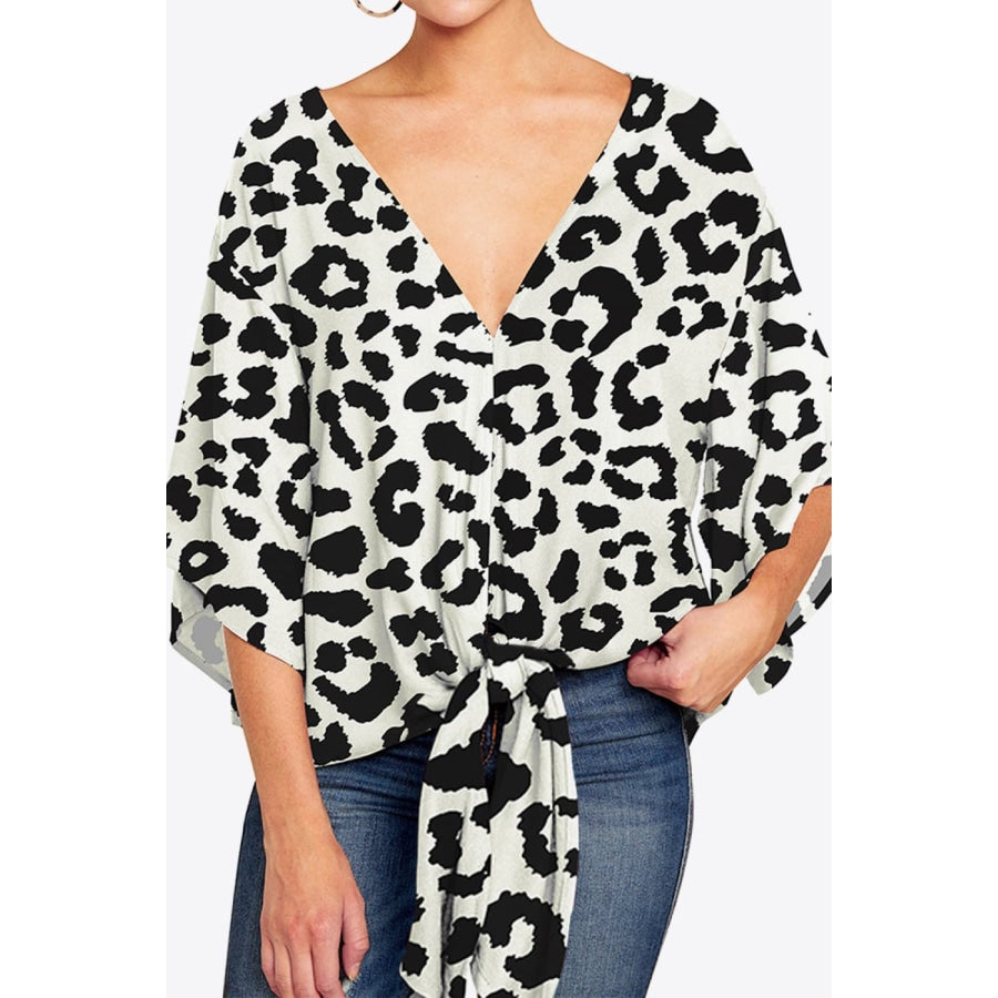 Printed Deep V Tie Hem Blouse