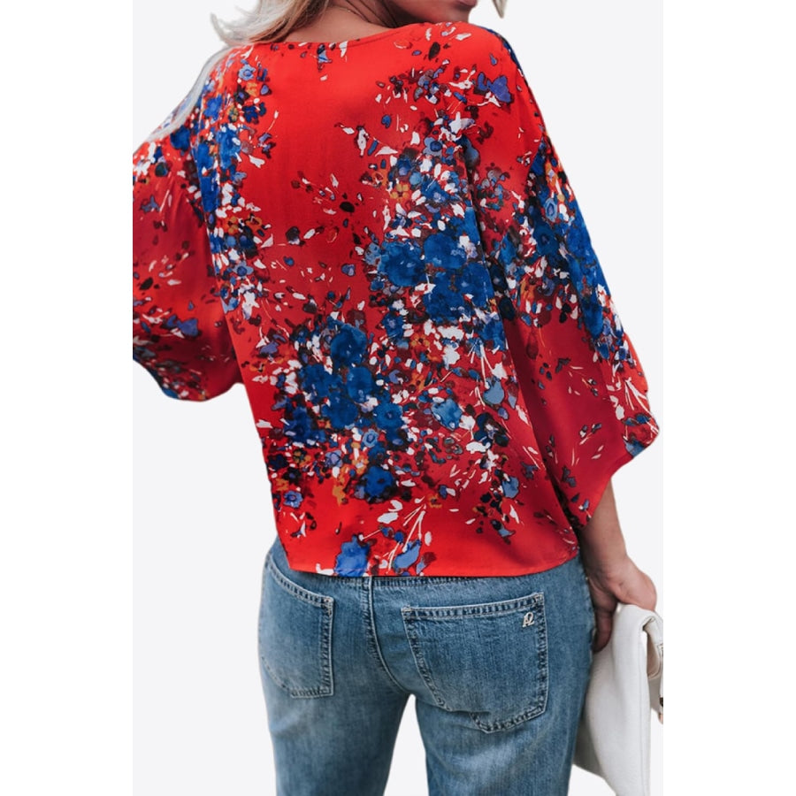 Printed Deep V Tie Hem Blouse