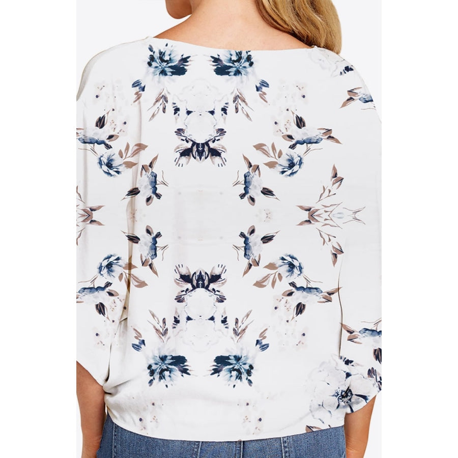 Printed Deep V Tie Hem Blouse