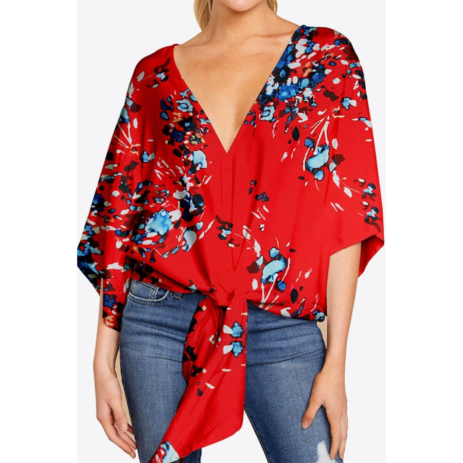 Printed Deep V Tie Hem Blouse