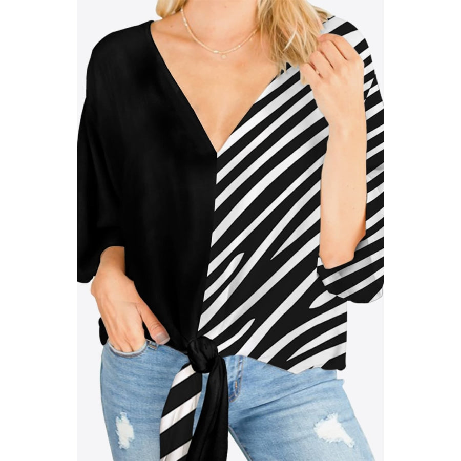 Printed Deep V Tie Hem Blouse