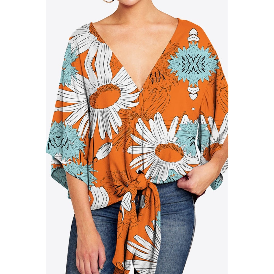 Printed Deep V Tie Hem Blouse