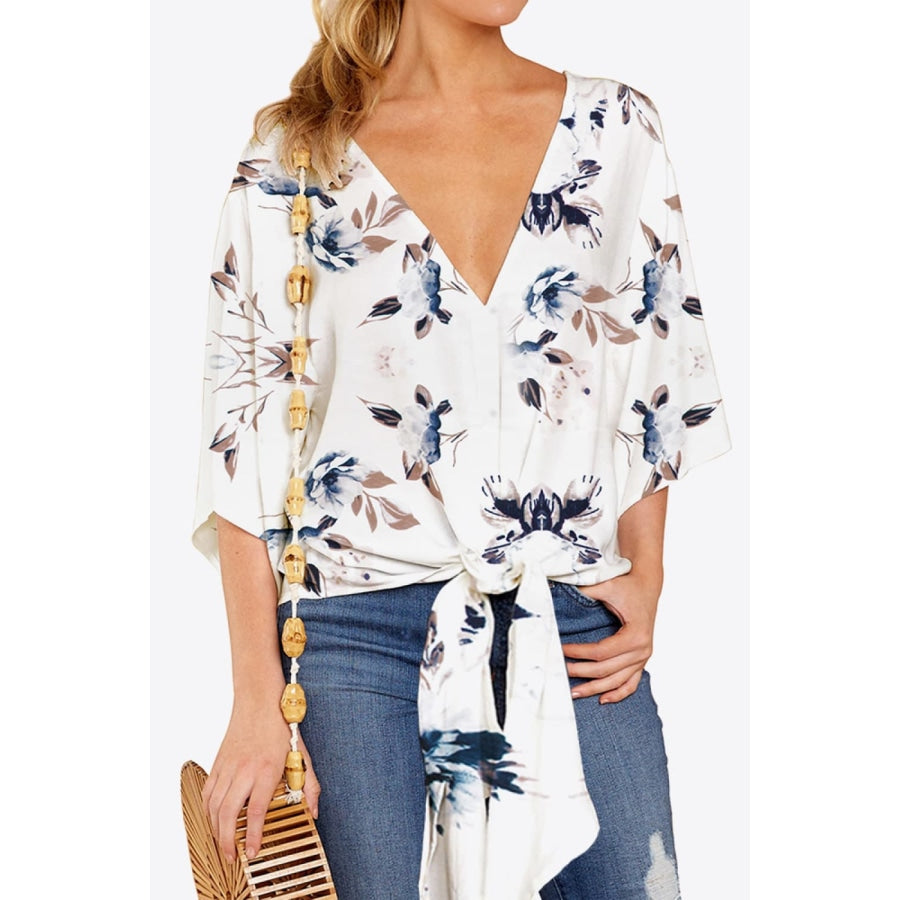 Printed Deep V Tie Hem Blouse