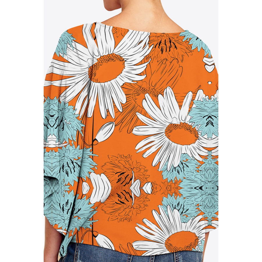 Printed Deep V Tie Hem Blouse