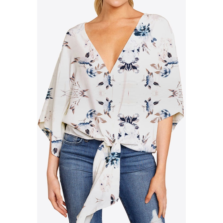 Printed Deep V Tie Hem Blouse White / S