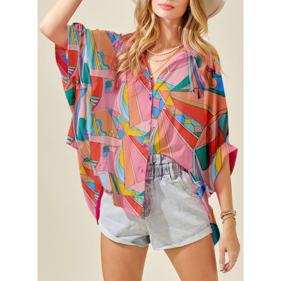 Printed Dolman Sleeve Collared Shirt Multicolor / S