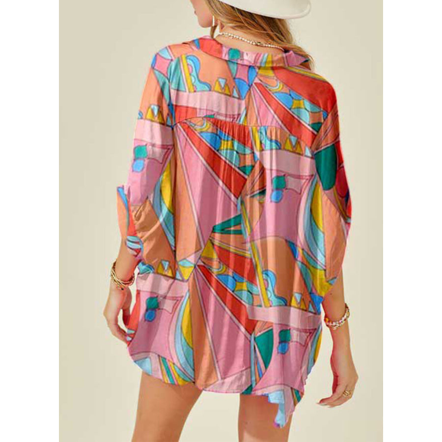 Printed Dolman Sleeve Collared Shirt