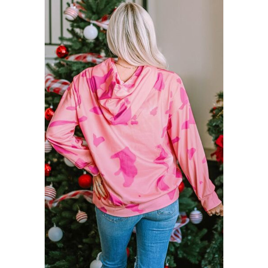 Printed Drawstring Kangaroo Pocket Hoodie Carnation Pink / S Clothing