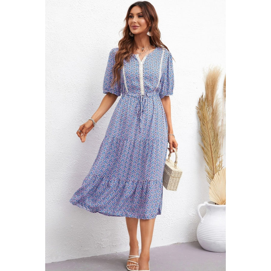 Printed Drawstring Waist Notched Neck Dress Sky Blue / S