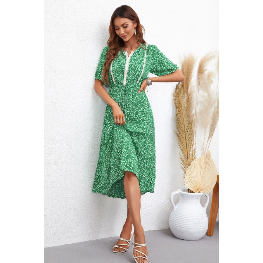 Printed Drawstring Waist Notched Neck Dress