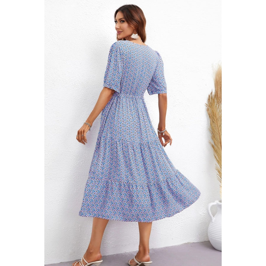 Printed Drawstring Waist Notched Neck Dress Sky Blue / S