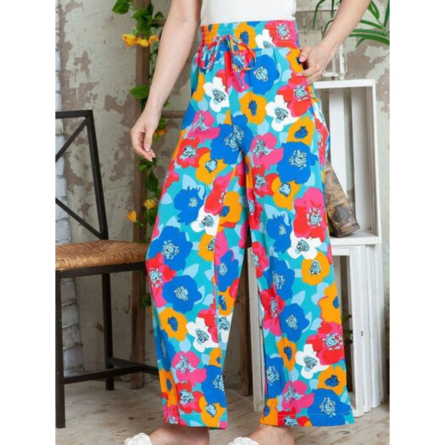 Printed Drawstring Wide Leg Pants Apparel and Accessories