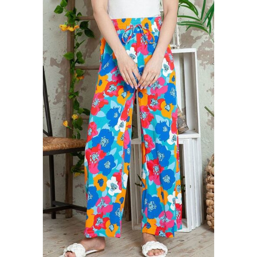 Printed Drawstring Wide Leg Pants Ultra marine / S Apparel and Accessories