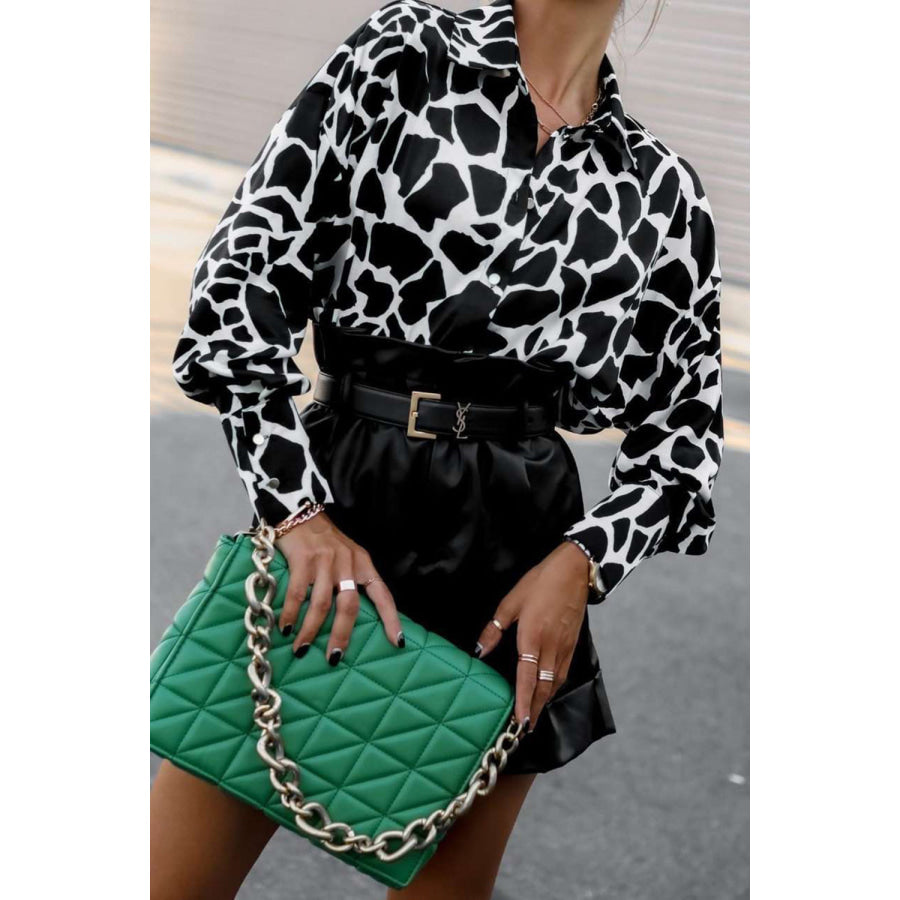 Printed Dropped Shoulder Lantern Sleeve Shirt Cow Print / S Apparel and Accessories