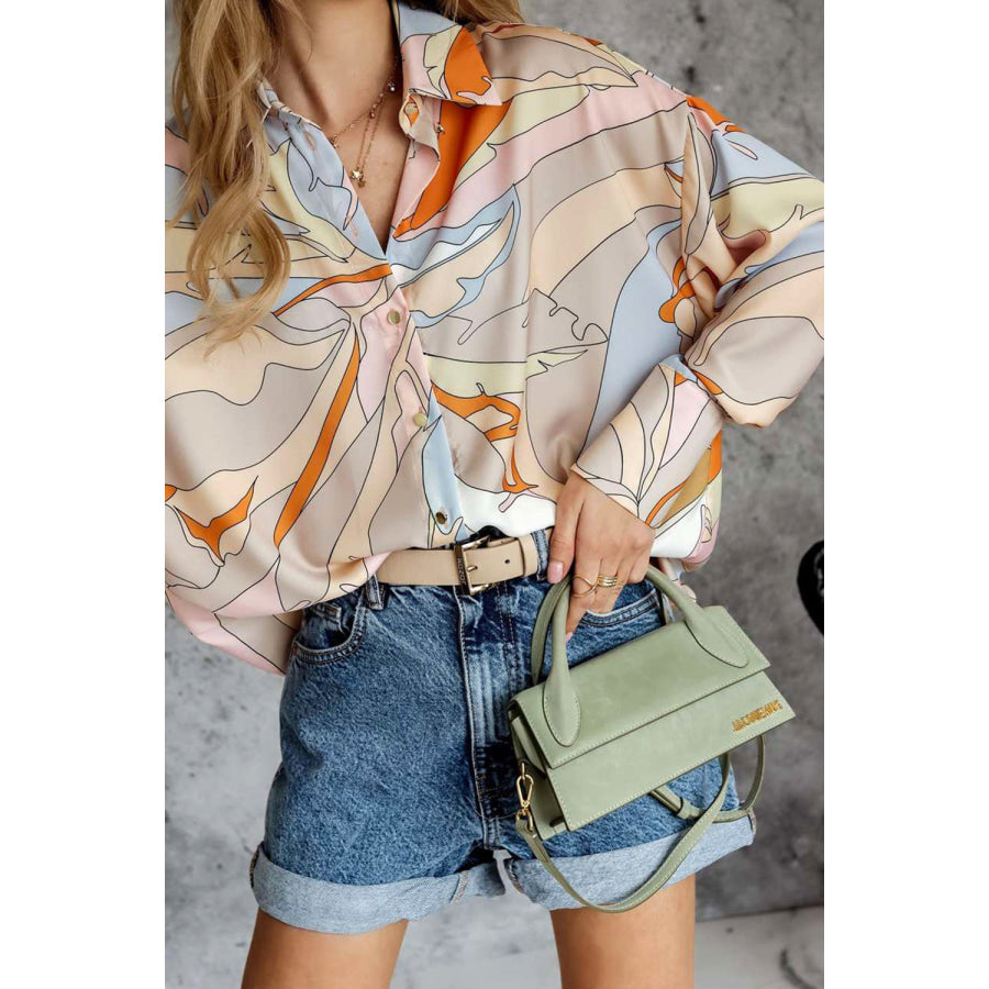Printed Dropped Shoulder Lantern Sleeve Shirt Tan / S Apparel and Accessories