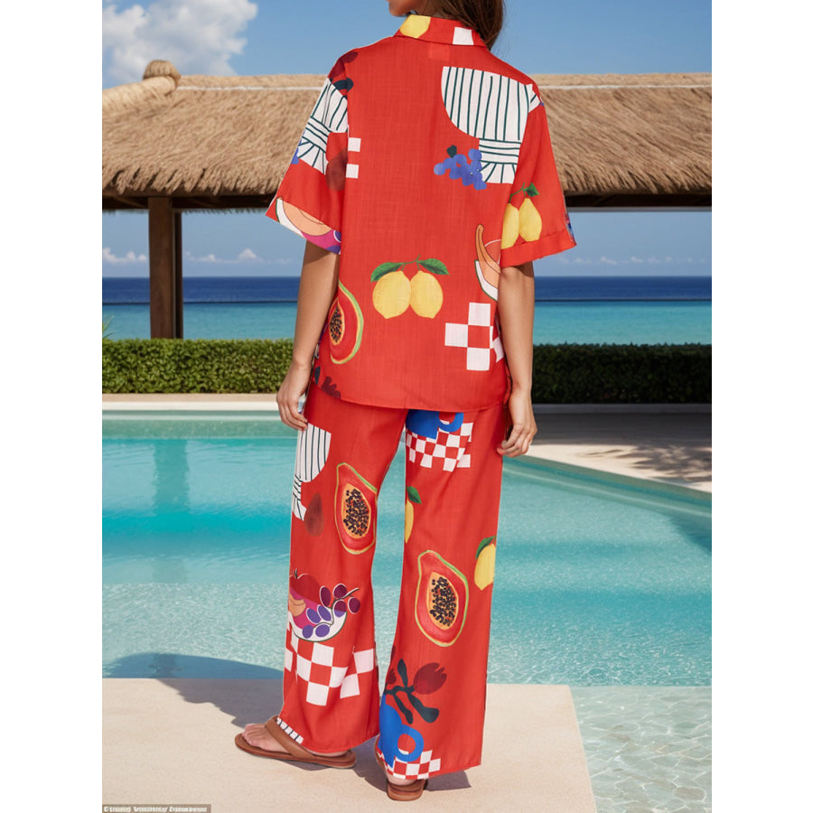 Printed Dropped Shoulder Top and Wide Leg Pants Set Apparel and Accessories