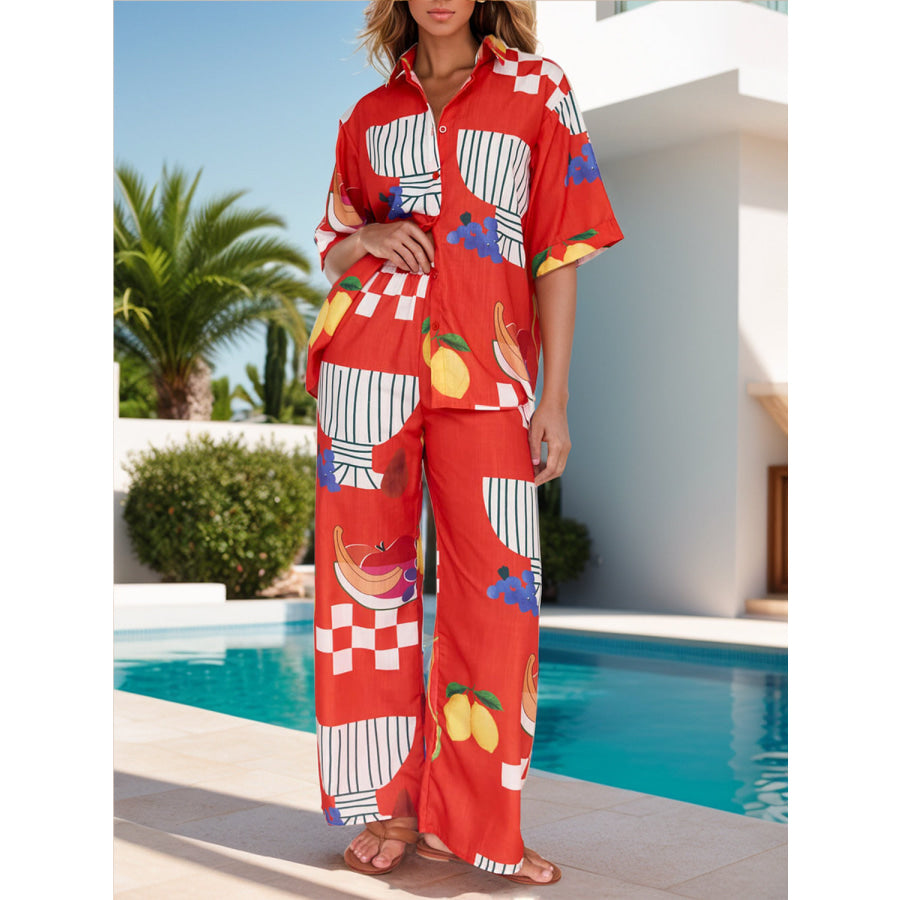 Printed Dropped Shoulder Top and Wide Leg Pants Set Apparel and Accessories