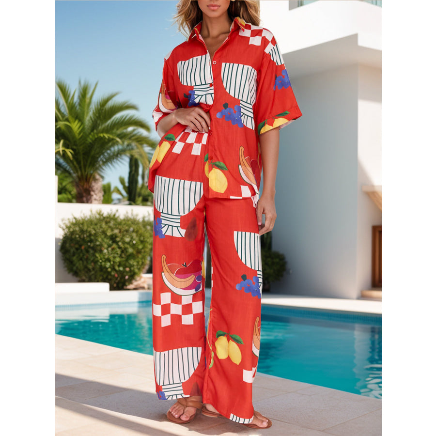 Printed Dropped Shoulder Top and Wide Leg Pants Set Orange-Red / S Apparel and Accessories
