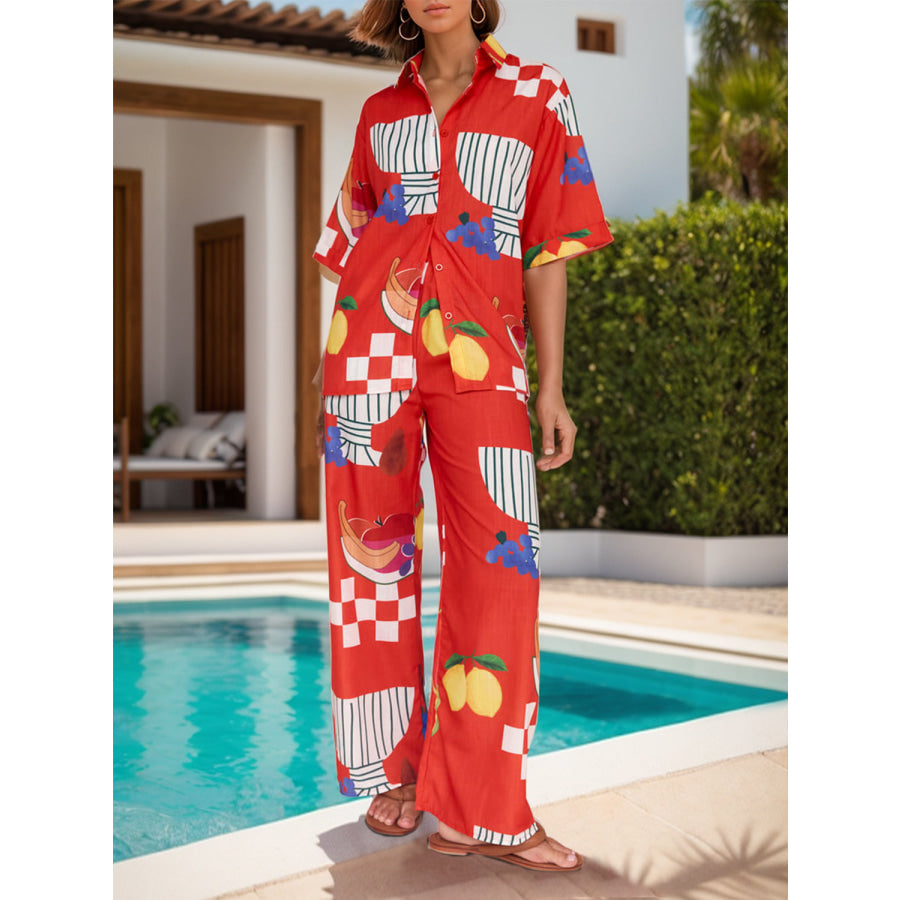 Printed Dropped Shoulder Top and Wide Leg Pants Set Orange-Red / S Apparel and Accessories