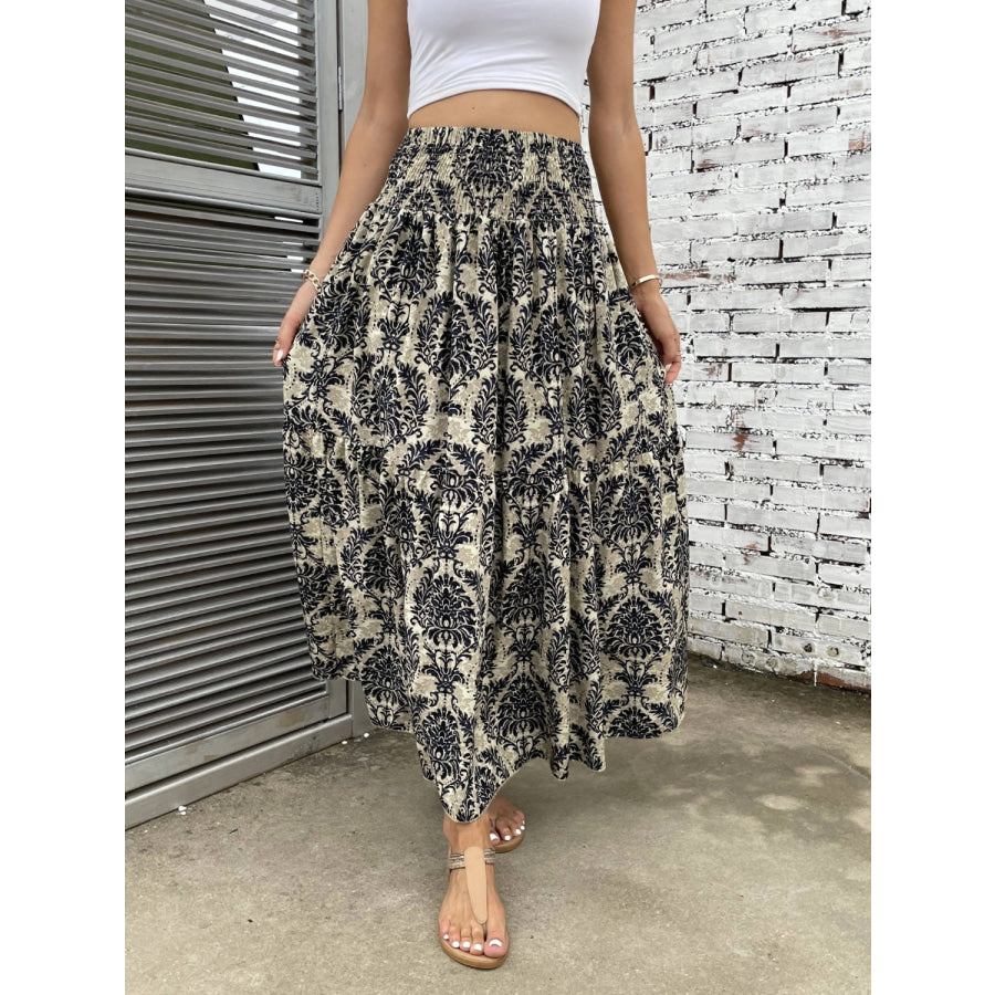 Printed Elastic Waist Maxi Skirt Black / S Apparel and Accessories