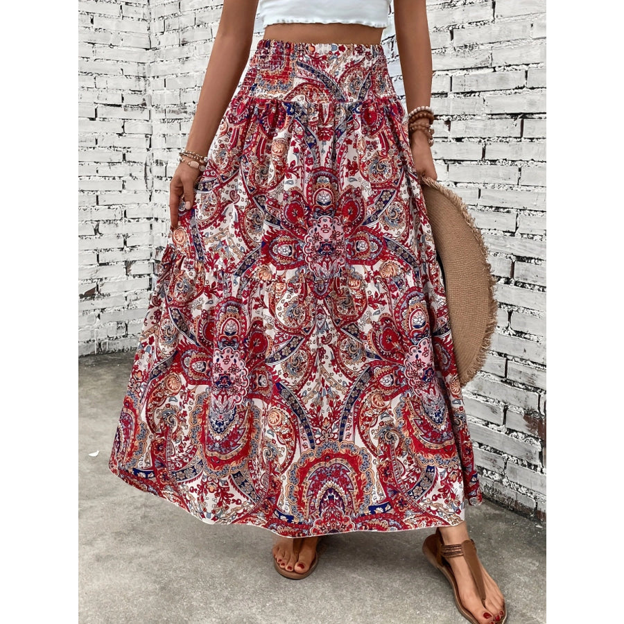 Printed Elastic Waist Maxi Skirt Deep Red / S Apparel and Accessories
