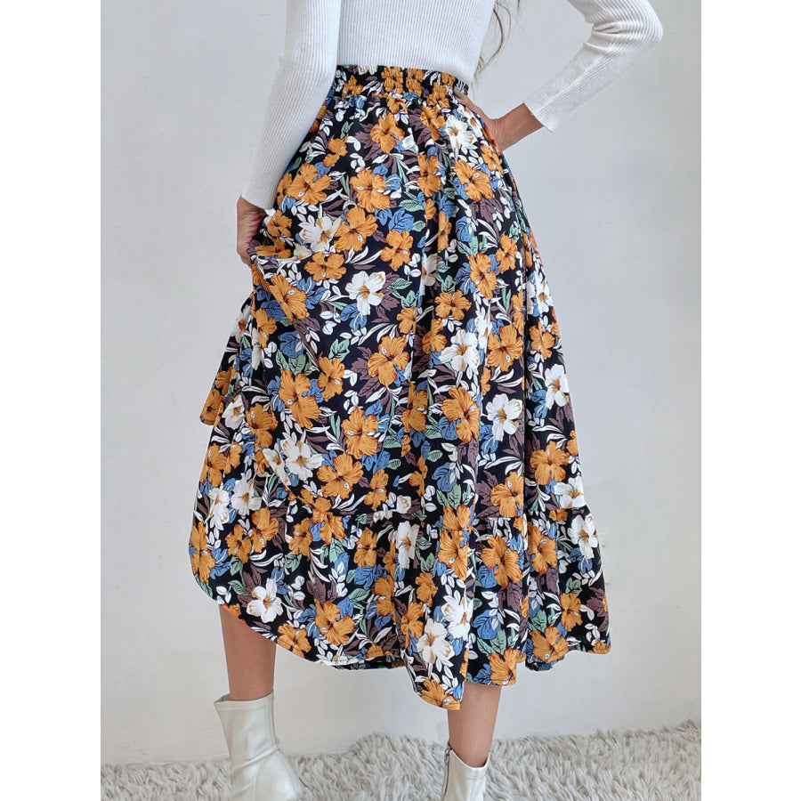 Printed Elastic Waist Midi Skirt Apparel and Accessories