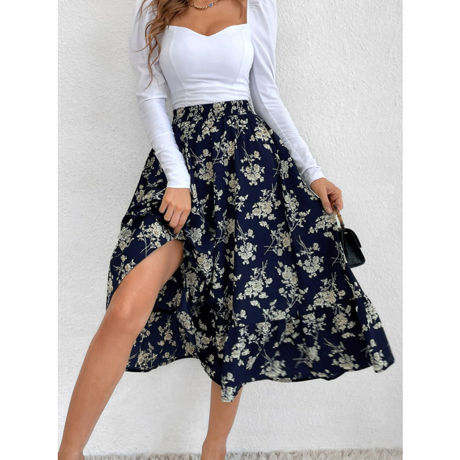 Printed Elastic Waist Midi Skirt Apparel and Accessories