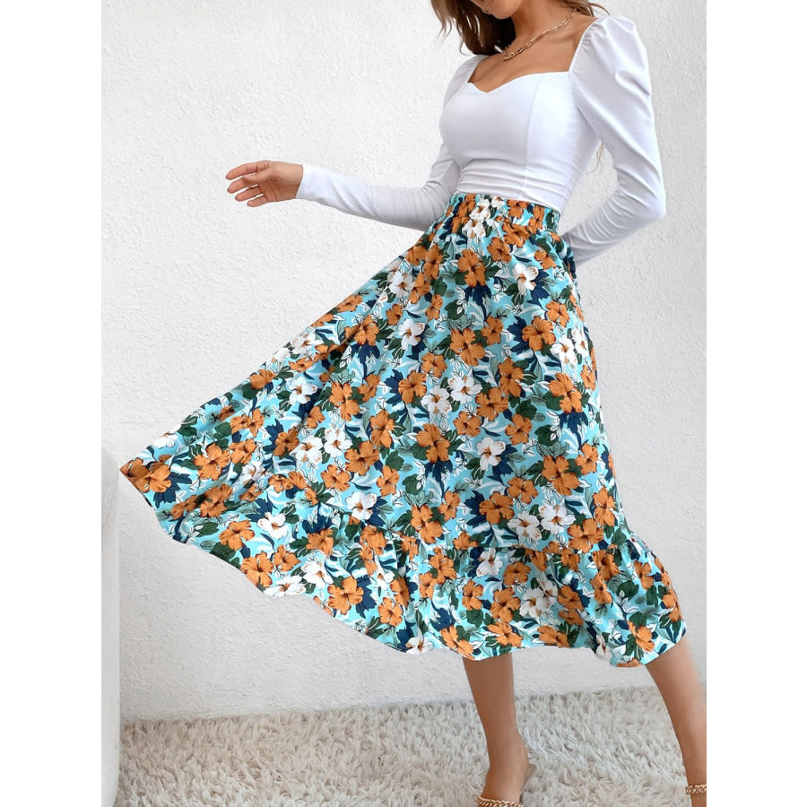 Printed Elastic Waist Midi Skirt Apparel and Accessories