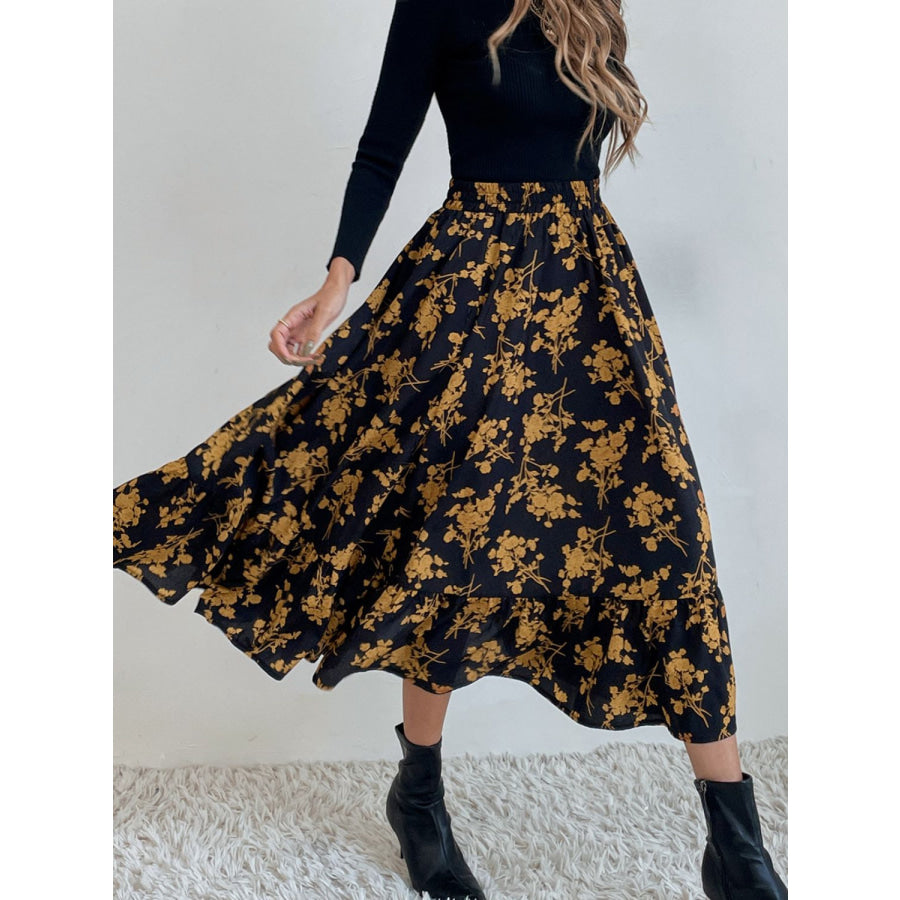 Printed Elastic Waist Midi Skirt Apparel and Accessories