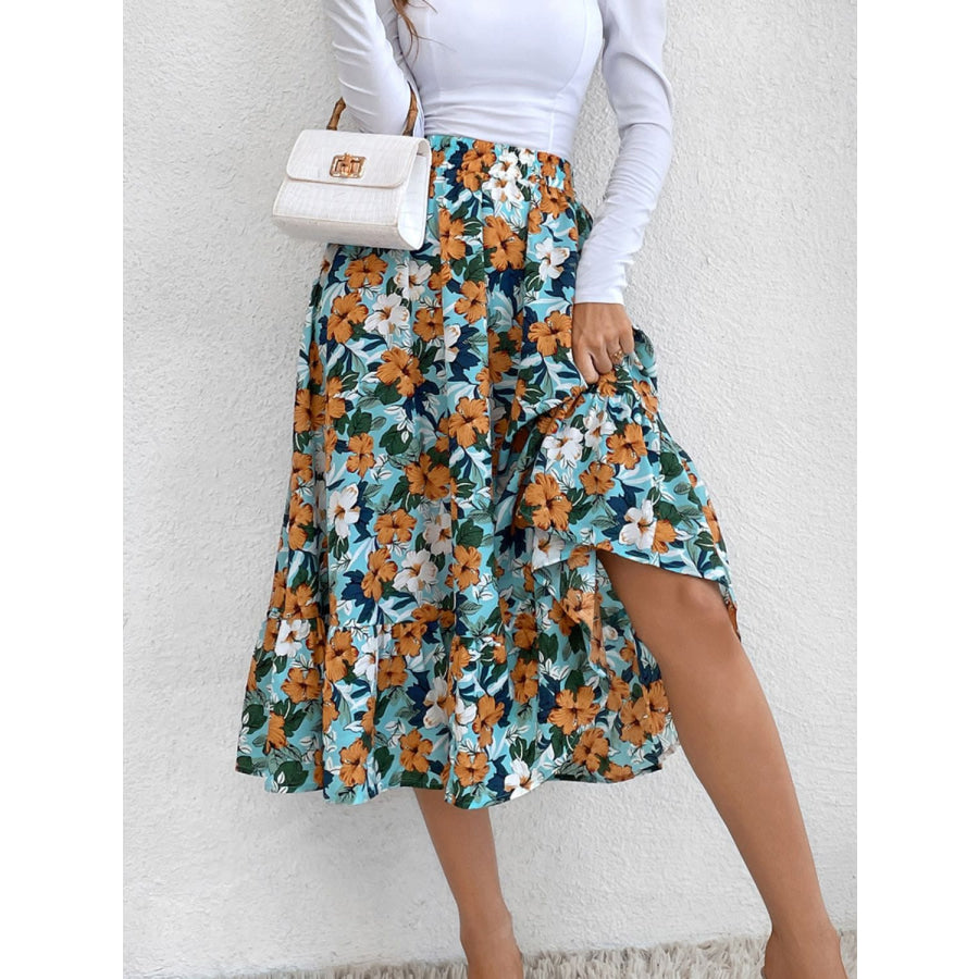 Printed Elastic Waist Midi Skirt Apparel and Accessories