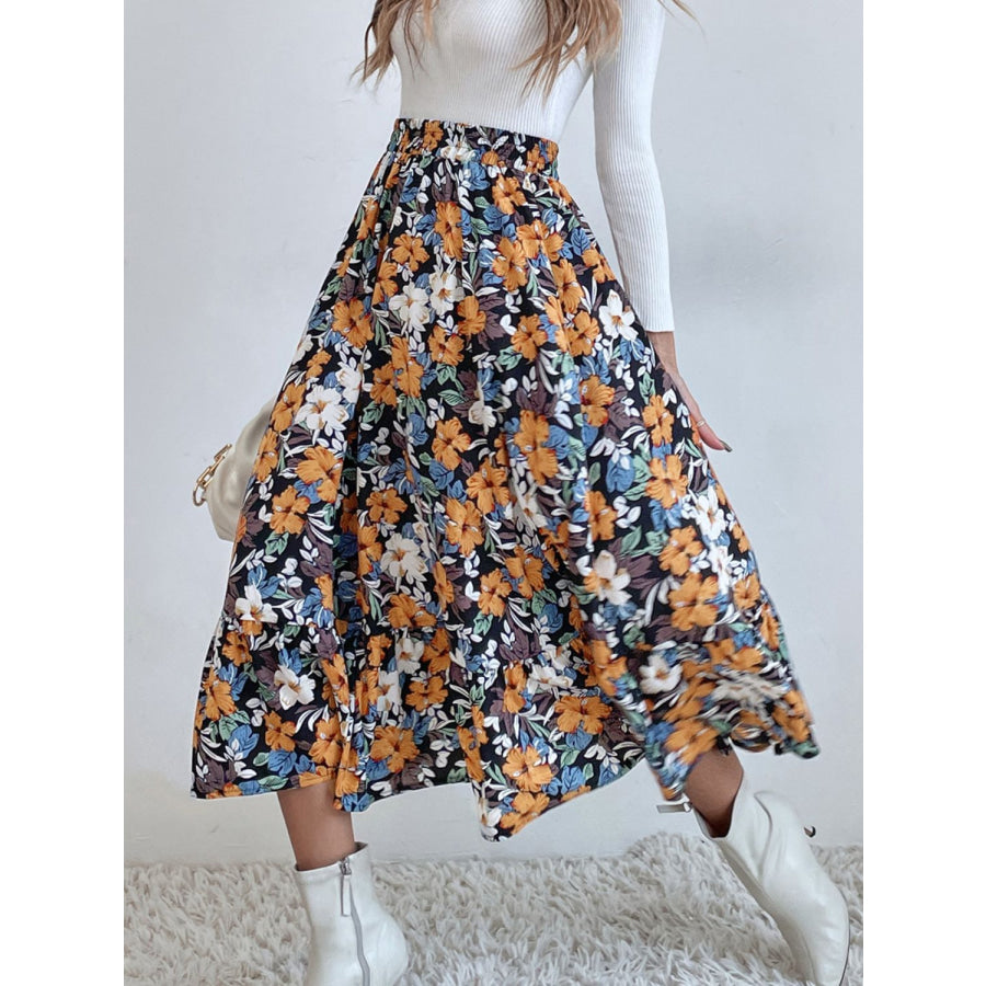 Printed Elastic Waist Midi Skirt Apparel and Accessories