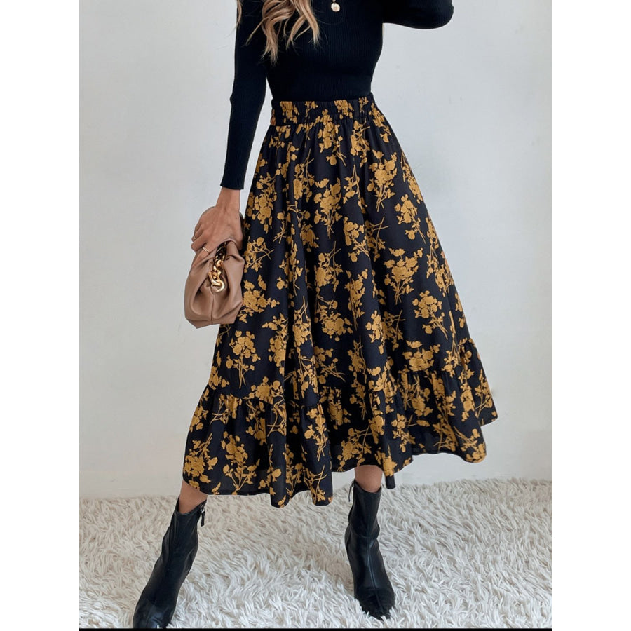 Printed Elastic Waist Midi Skirt Apparel and Accessories