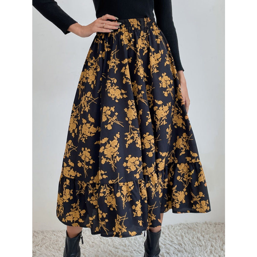 Printed Elastic Waist Midi Skirt Apparel and Accessories