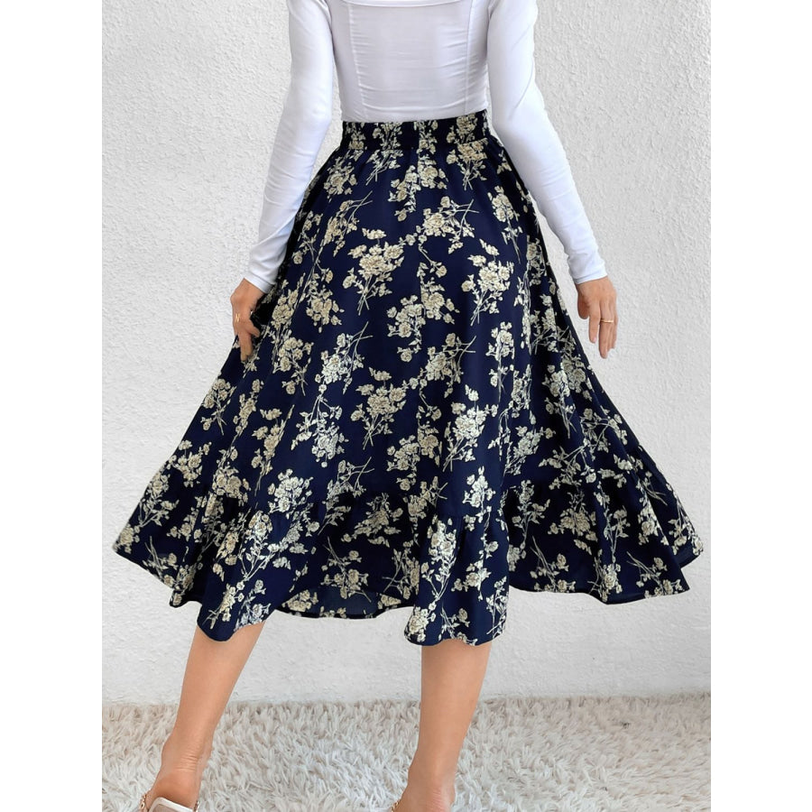 Printed Elastic Waist Midi Skirt Apparel and Accessories