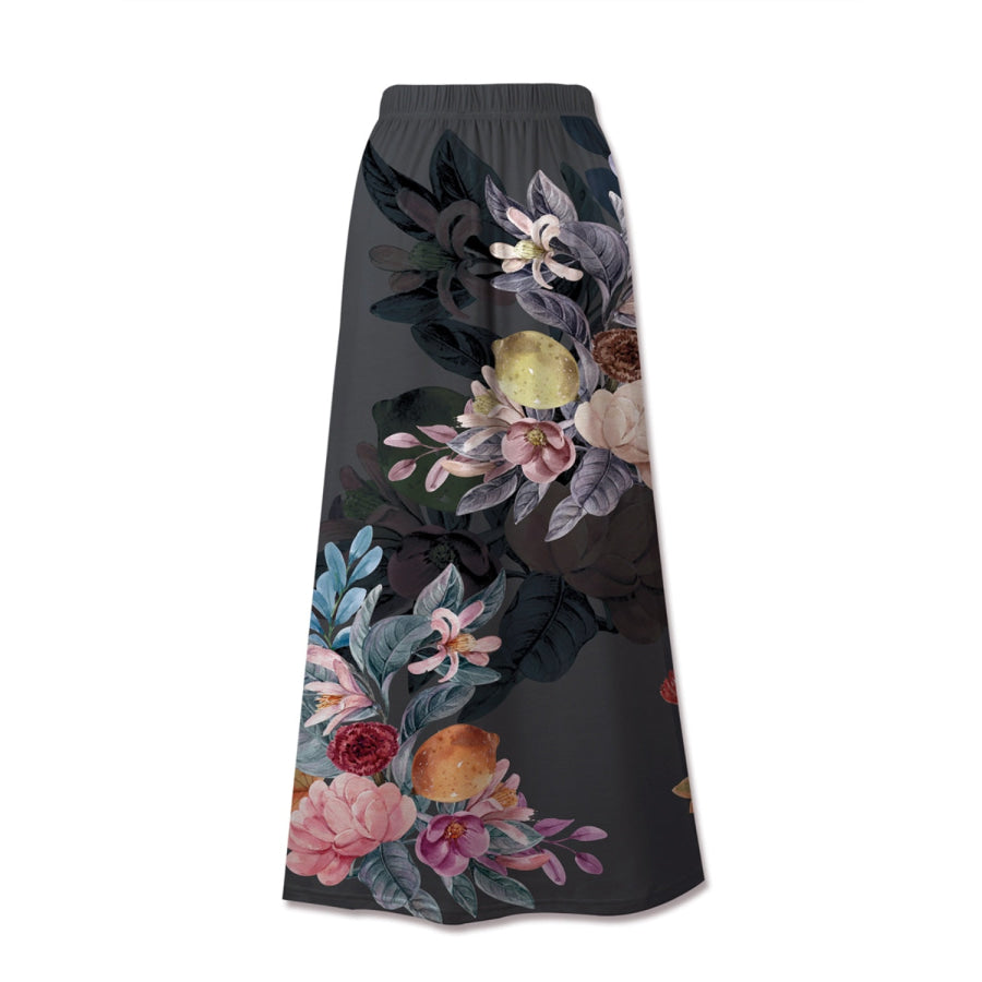 Printed Elastic Waist Midi Skirt Black / S Apparel and Accessories
