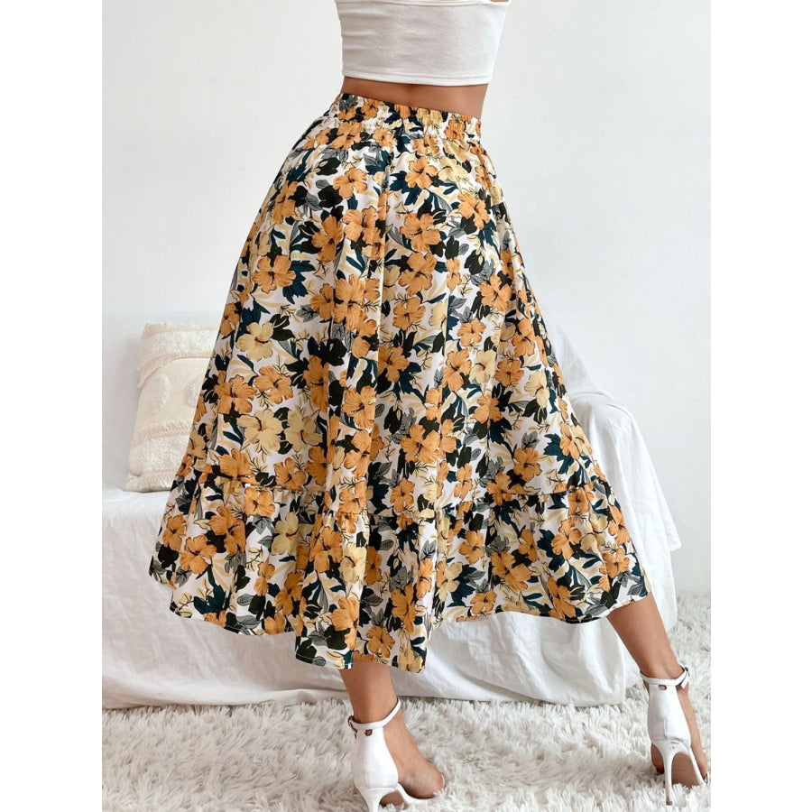 Printed Elastic Waist Midi Skirt Apparel and Accessories