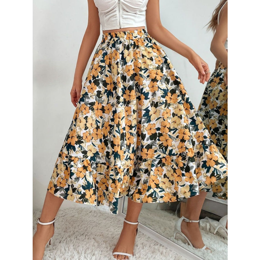 Printed Elastic Waist Midi Skirt Apparel and Accessories