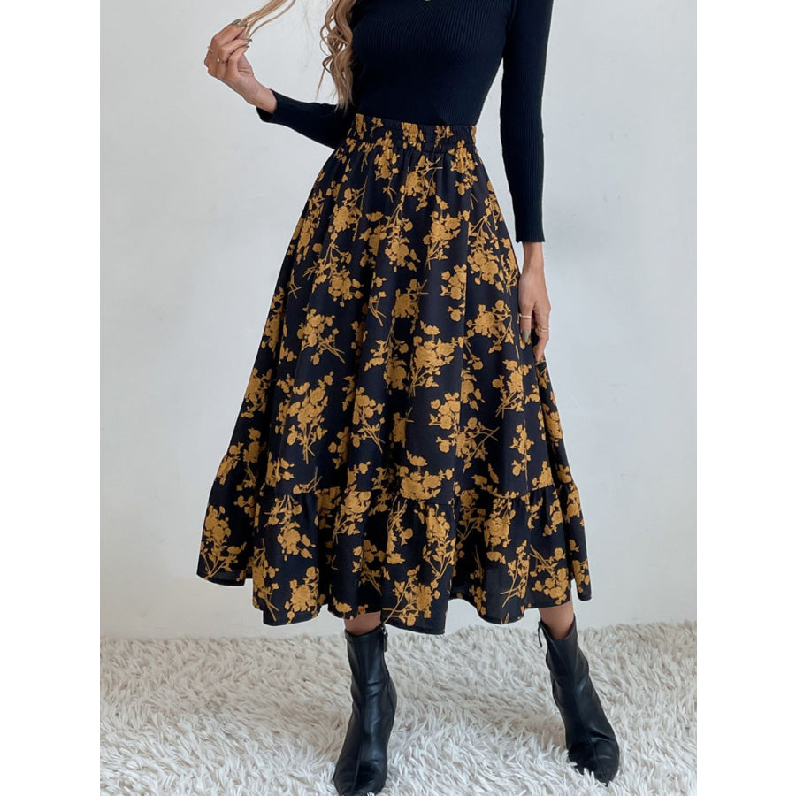 Printed Elastic Waist Midi Skirt Black / S Apparel and Accessories