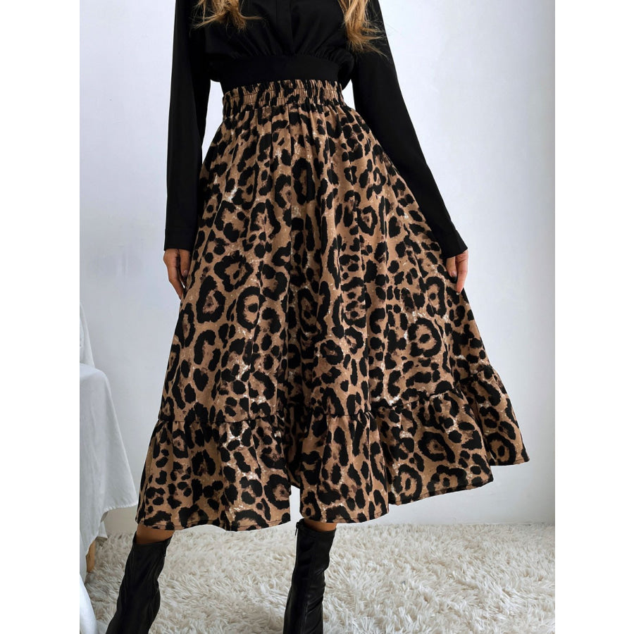 Printed Elastic Waist Midi Skirt Leopard / S Apparel and Accessories