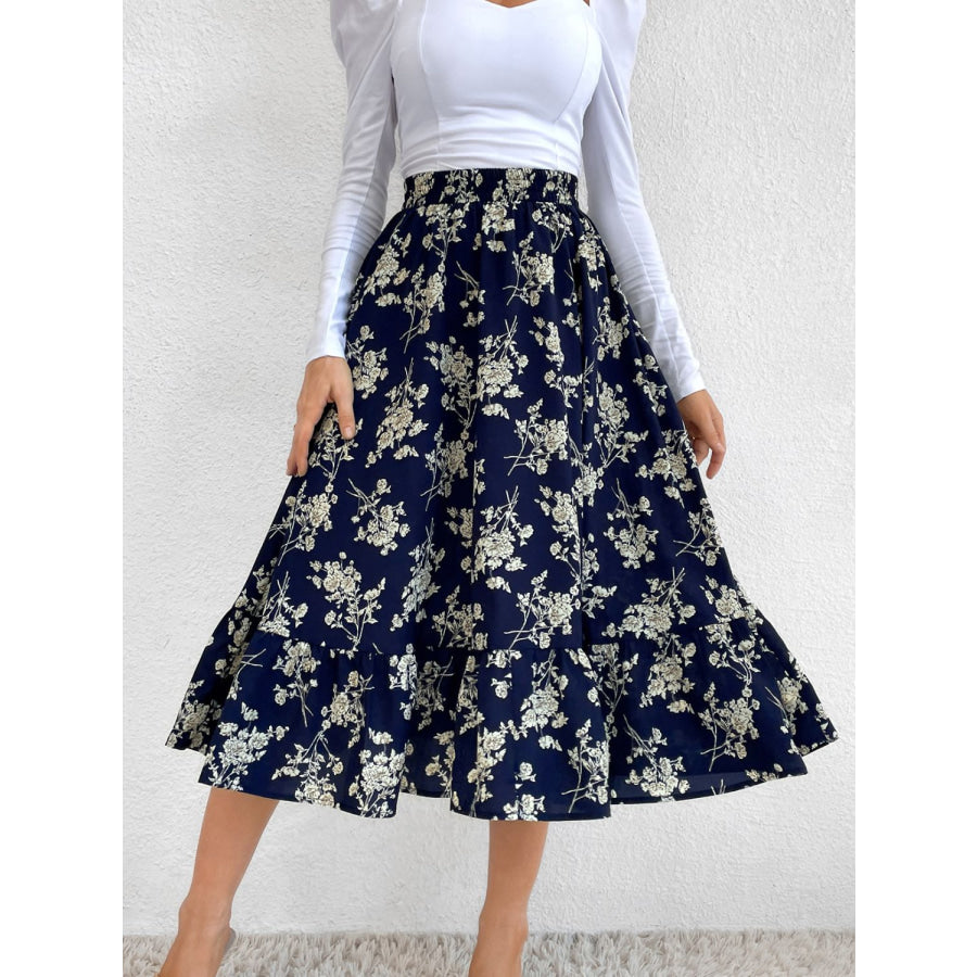 Printed Elastic Waist Midi Skirt Navy / S Apparel and Accessories