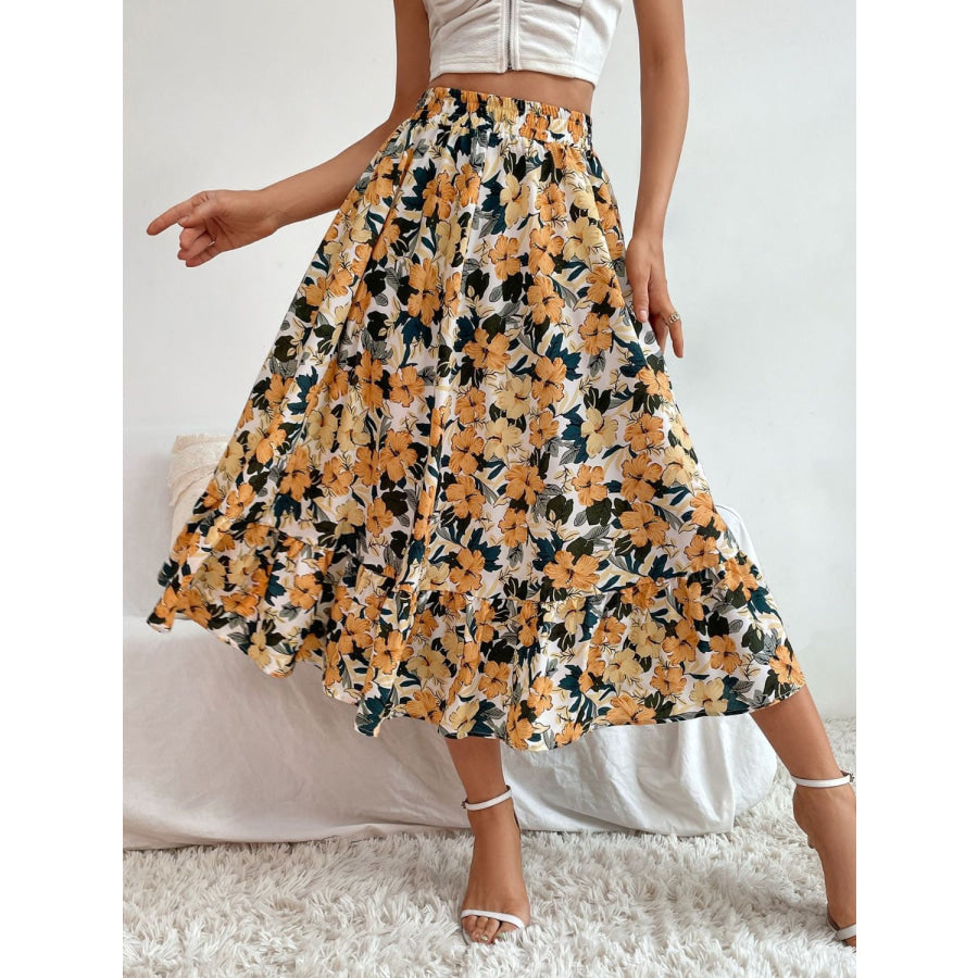 Printed Elastic Waist Midi Skirt Pastel Yellow / S Apparel and Accessories