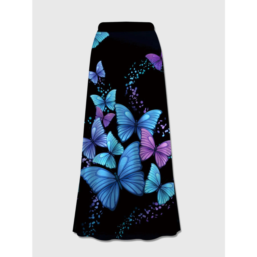 Printed Elastic Waist Midi Skirt Peacock Blue / S Apparel and Accessories