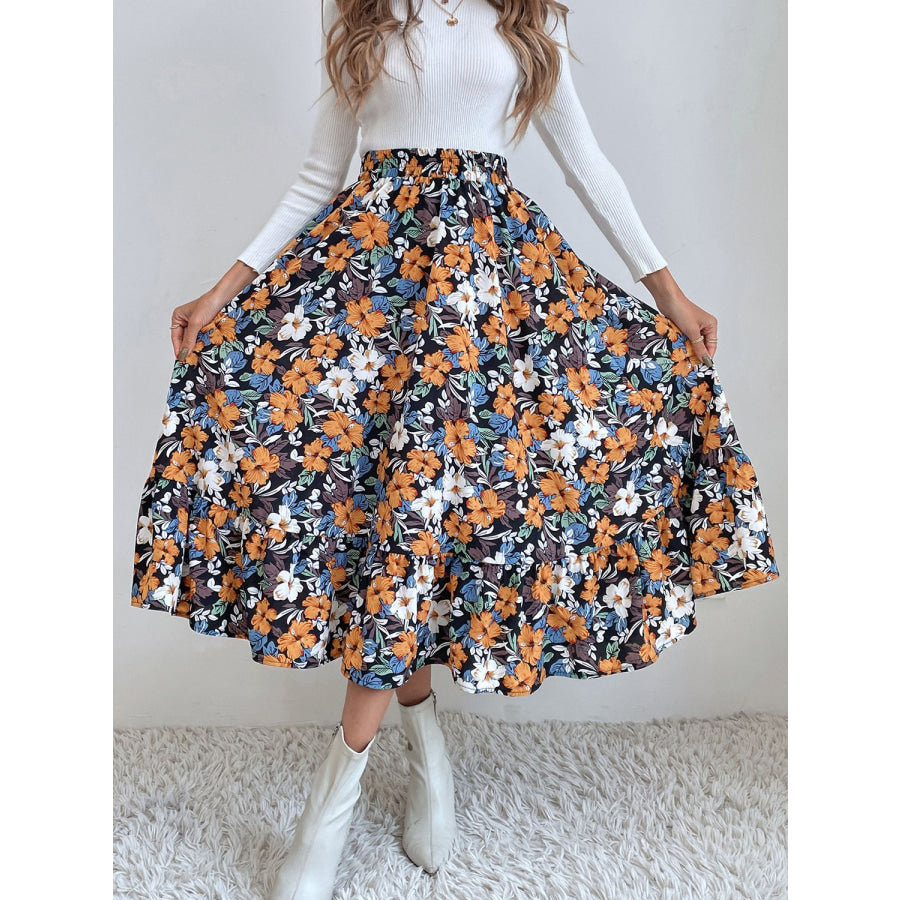 Printed Elastic Waist Midi Skirt Sherbet / S Apparel and Accessories