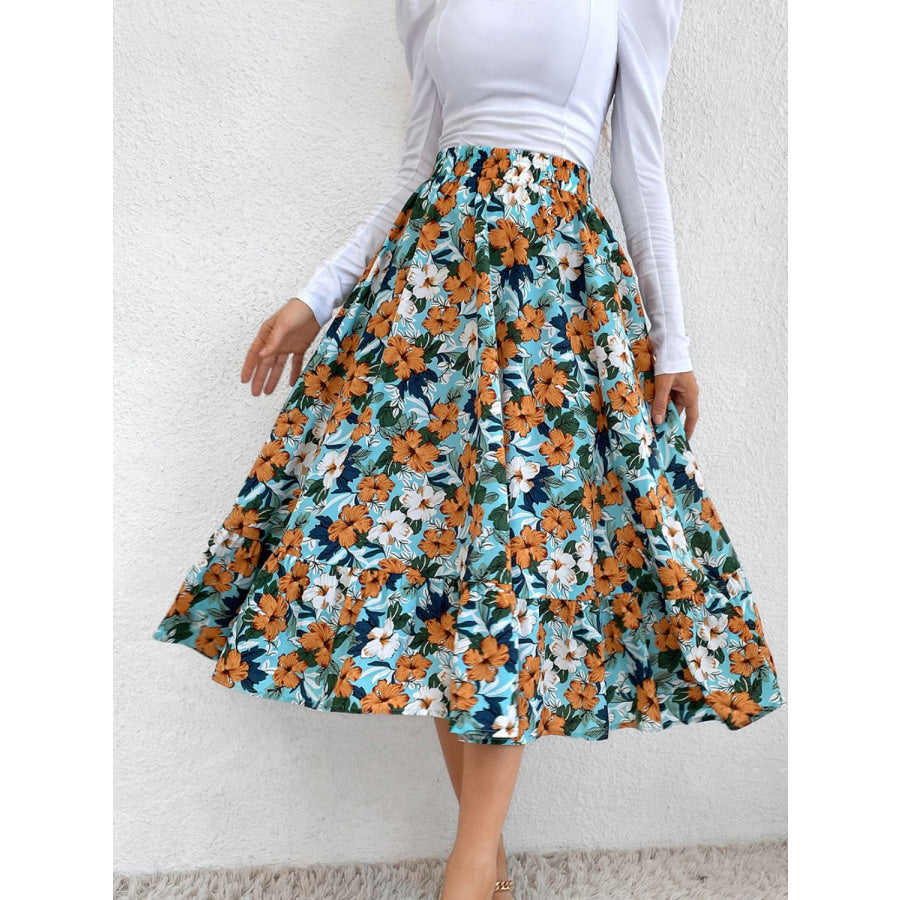 Printed Elastic Waist Midi Skirt Teal / S Apparel and Accessories