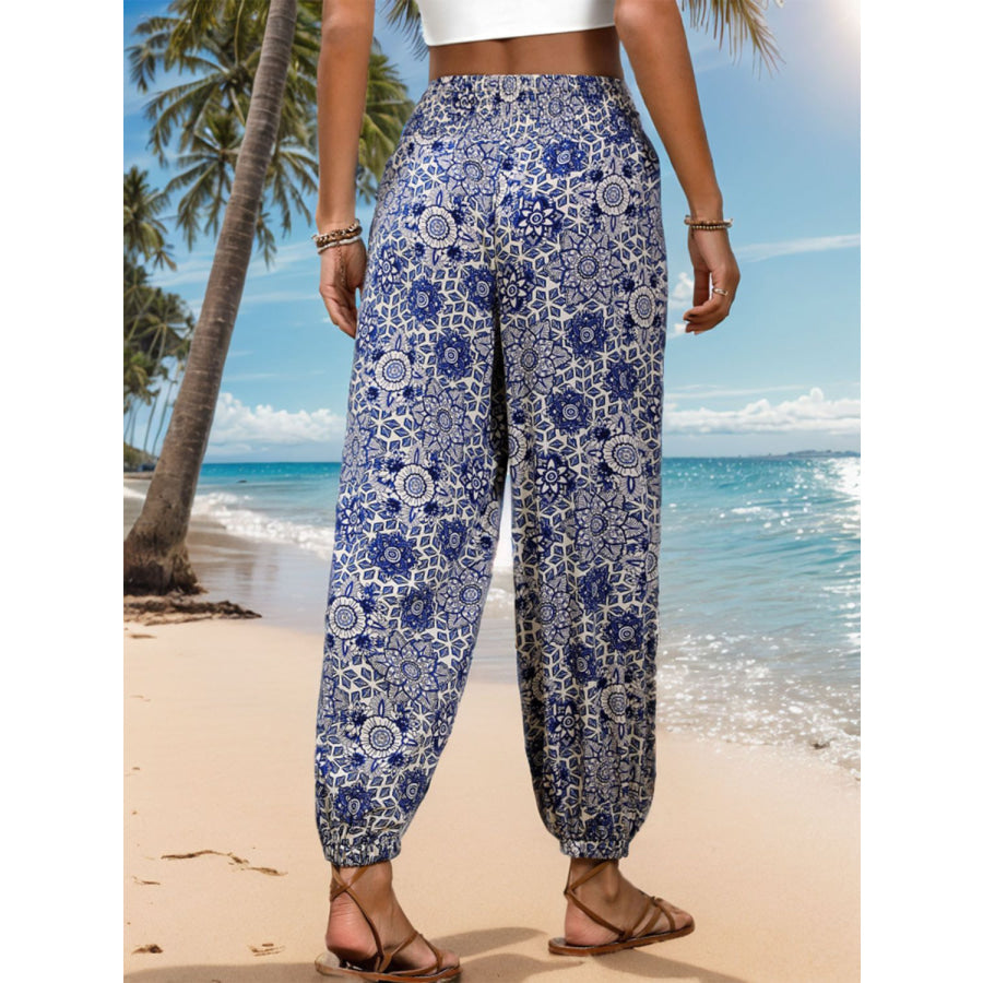 Printed Elastic Waist Pants Dusty Blue / S Apparel and Accessories