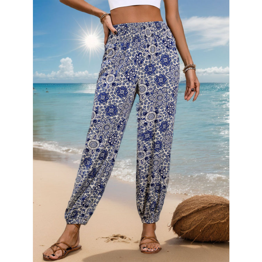 Printed Elastic Waist Pants Dusty Blue / S Apparel and Accessories