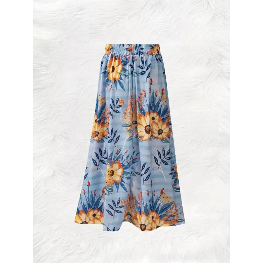 Printed Elastic Waist Skirt Blue / S Apparel and Accessories