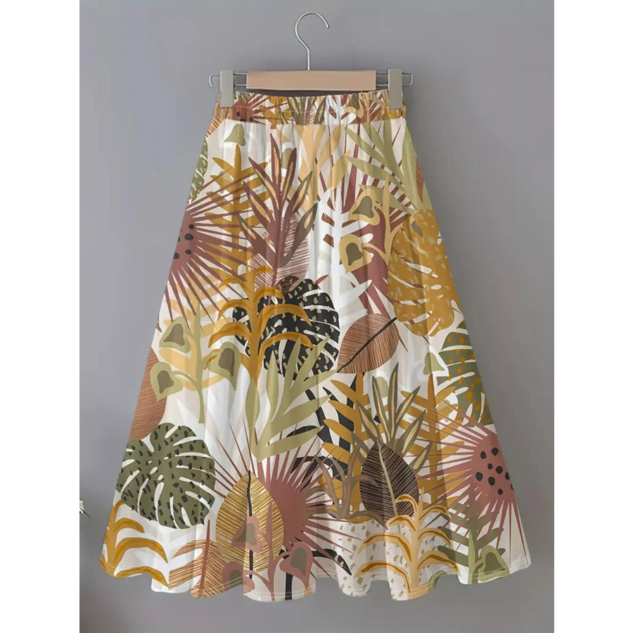 Printed Elastic Waist Skirt Brown / S Apparel and Accessories